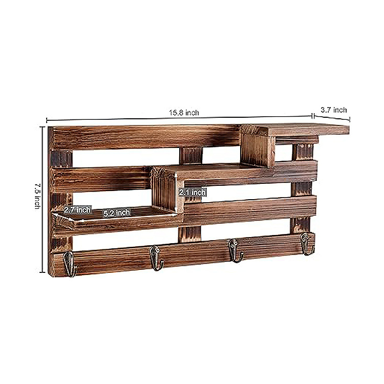 Decorative Design Wooden Wall Mounted Key Holder Rack Organizer Shelves With 4 Hooks For Entryway