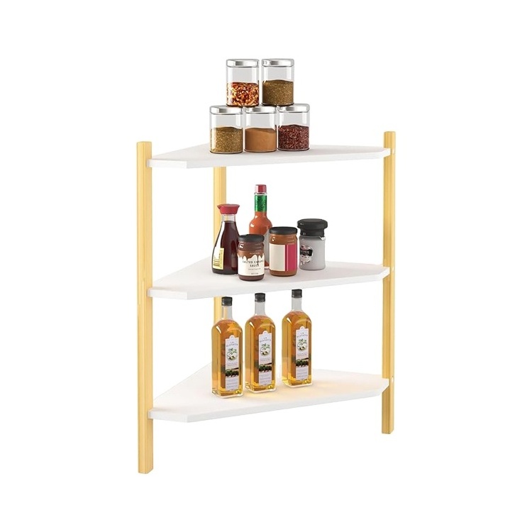 Custom Standing Bamboo Wooden 3 Tier Corner Shelf Storage Organizer For Bathroom Living Room Kitchen