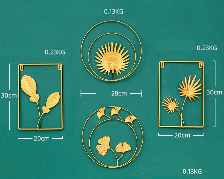 Gold Luxury 3D Plant Wrought Iron Wall Art Decor for Home living Room Cafe Round Rectangle Metal Wall Hanging Design