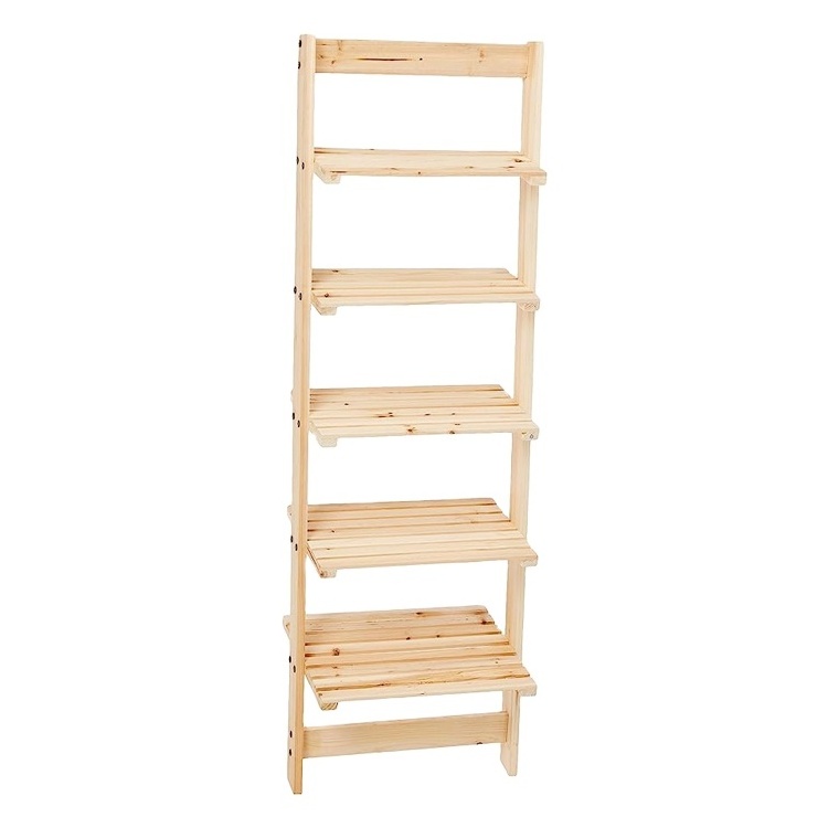 Modern 5 Tier Wooden Ladder Bookshelf For Decoration And Storage