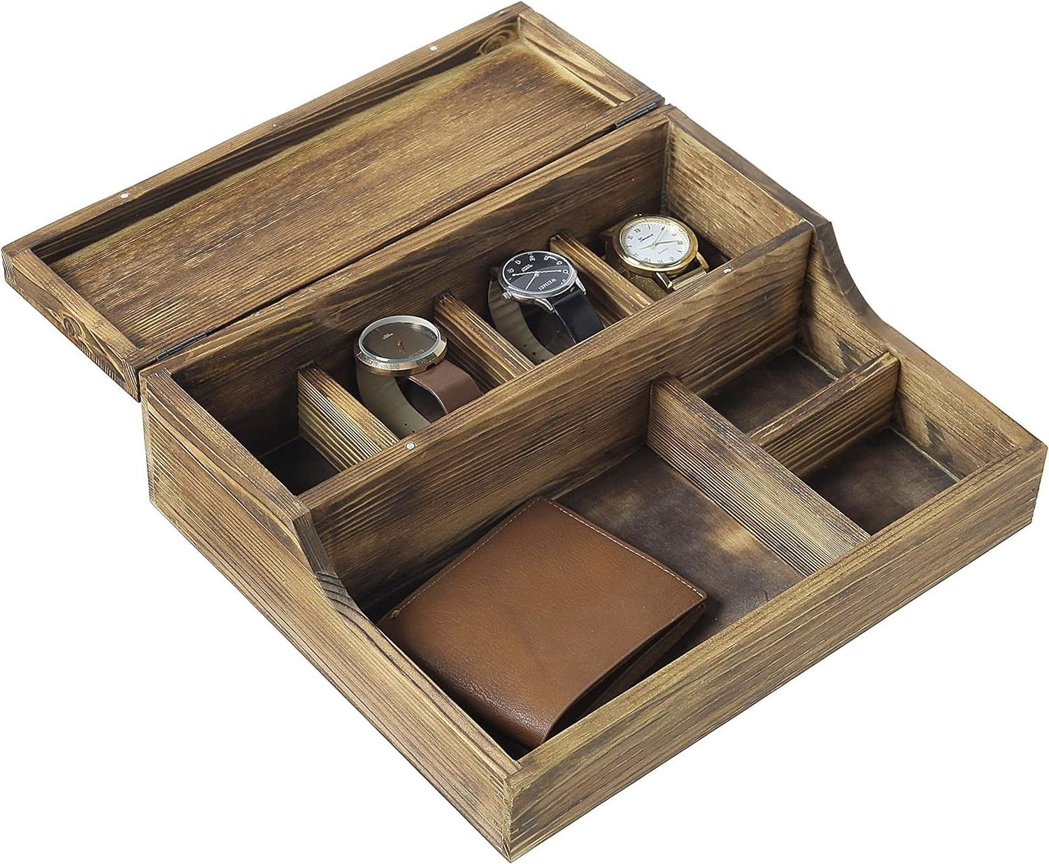 Rustic Wood Watch Display Case Valet Tray Storage Jewelry Box Organizer for Men and Women Accessories