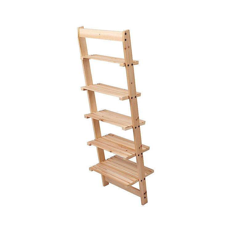 Modern 5 Tier Wooden Ladder Bookshelf For Decoration And Storage