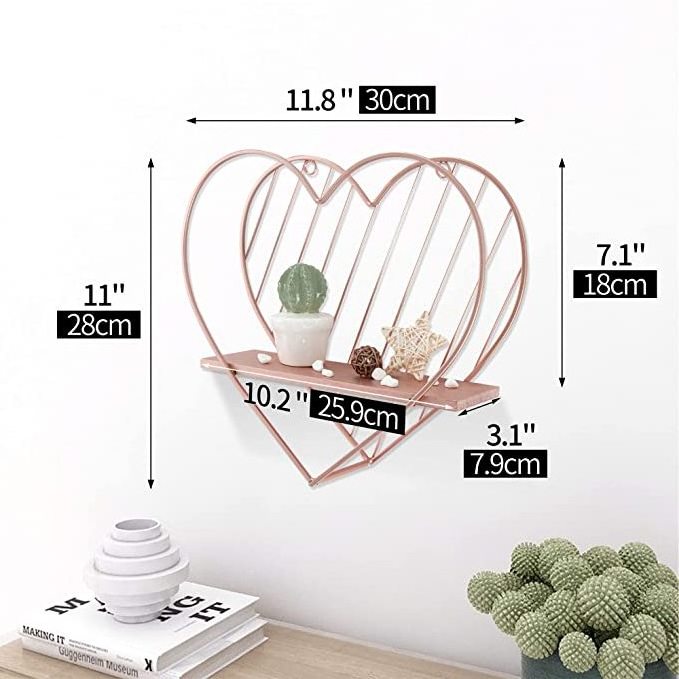 Metal Heart Shape Wall Shelf Rose Gold Small Floating Shelves Wall Mounted Storage Rack Shelf for Bedroom Kitchen Bathroom