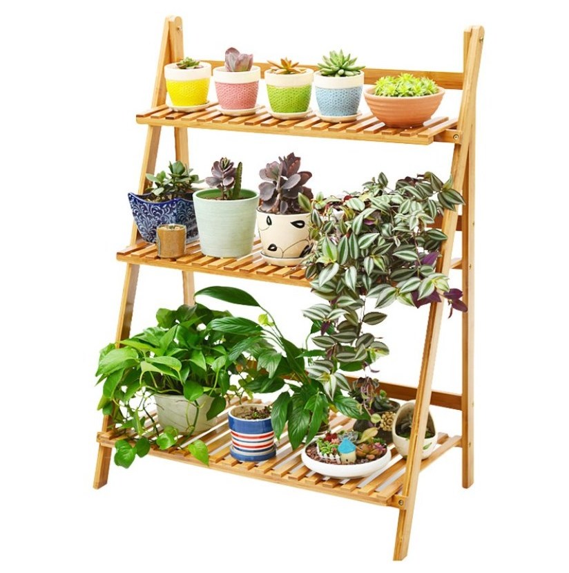 3 Tier Folding Wooden Plant Stand 50cm/70cm/100cm Bamboo Flower Shelf Garden Flower Pot Ladder Display Rack for Indoors Outdoors