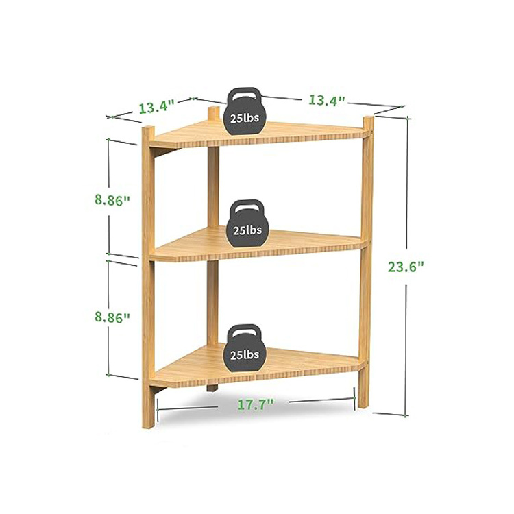 Custom Standing Bamboo Wooden 3 Tier Corner Shelf Storage Organizer For Bathroom Living Room Kitchen