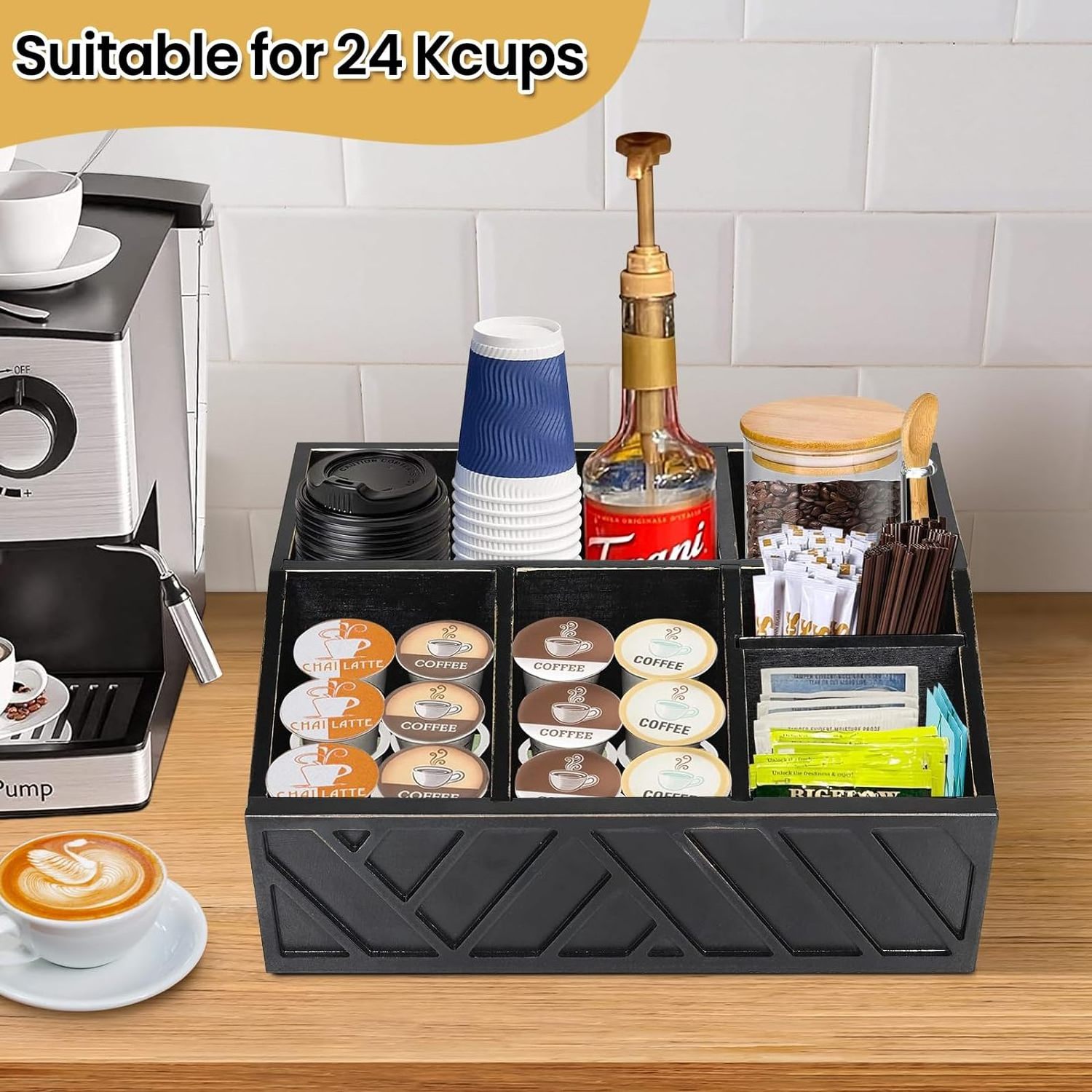 Kitchen Decor Coffee Accessories Farmhouse Wooden Coffee Bar Station Organizer Coffee Pod Holder Wood Caddy Box Storage Basket