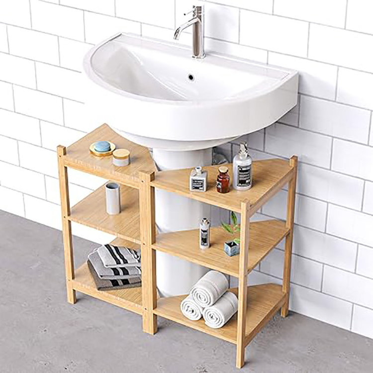 Custom Standing Bamboo Wooden 3 Tier Corner Shelf Storage Organizer For Bathroom Living Room Kitchen