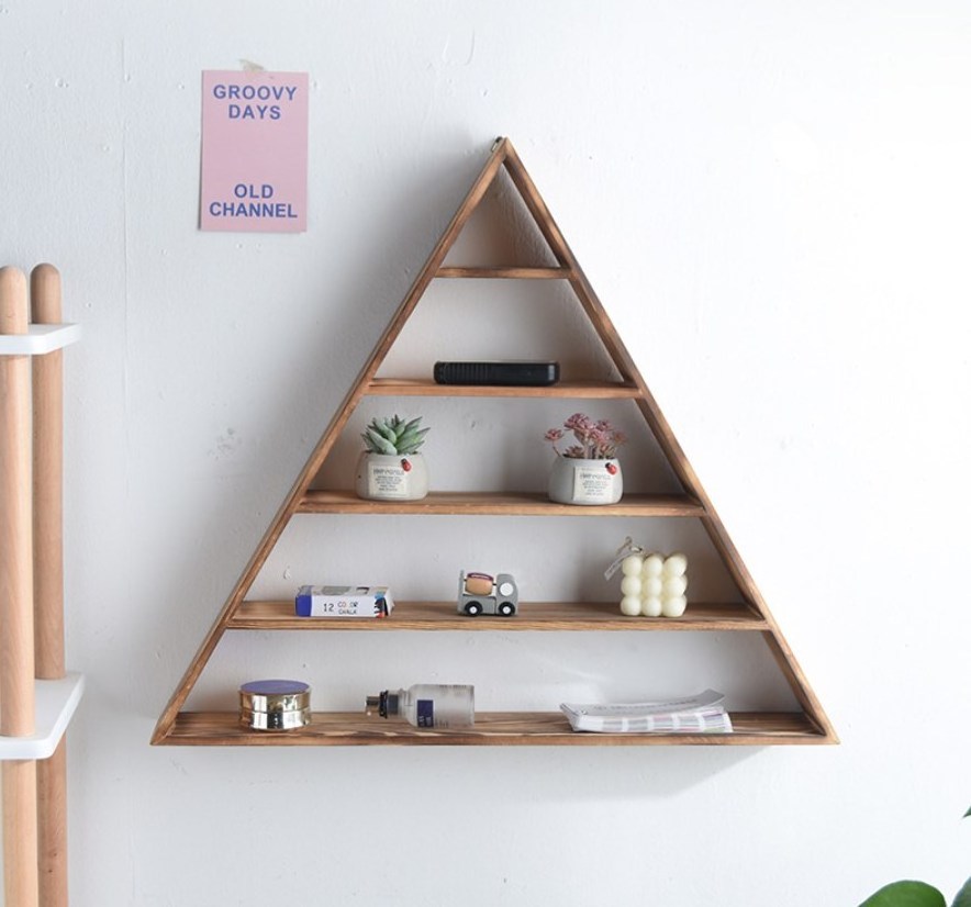 Wooden Wall Shelf Triangle Bookshelf Crystal Holder Kitchen Spice Rack Entryway Organizer