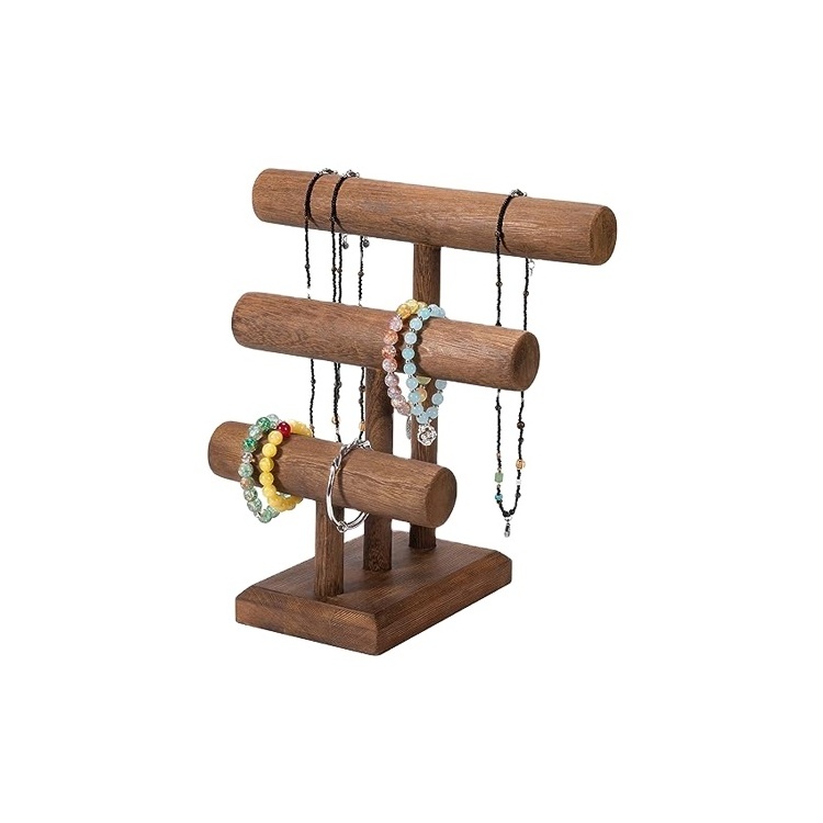 2023 Unique Wooden 3-Tier T-Bar Bracelet Jewelry Stand Tower Holder Organizer For Display Storage