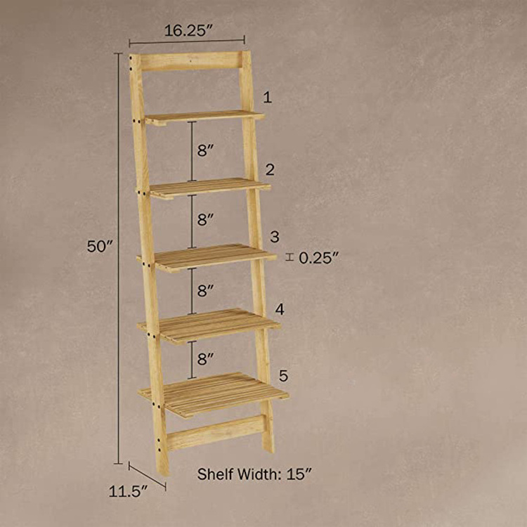 Modern 5 Tier Wooden Ladder Bookshelf For Decoration And Storage