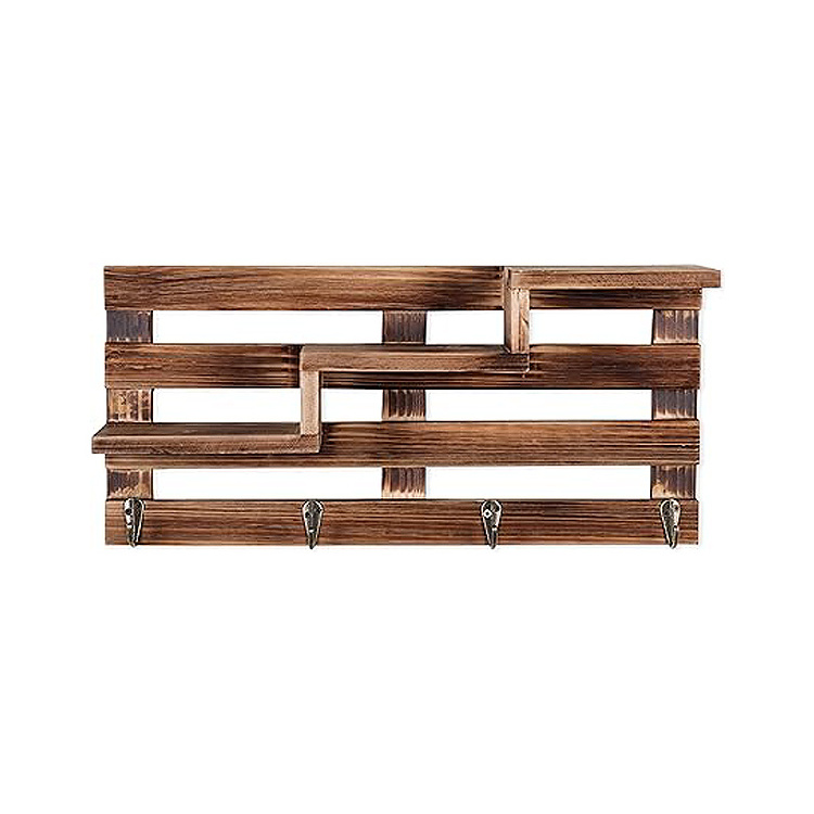 Decorative Design Wooden Wall Mounted Key Holder Rack Organizer Shelves With 4 Hooks For Entryway