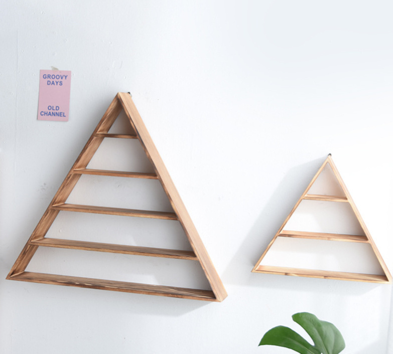 Wooden Wall Shelf Triangle Bookshelf Crystal Holder Kitchen Spice Rack Entryway Organizer