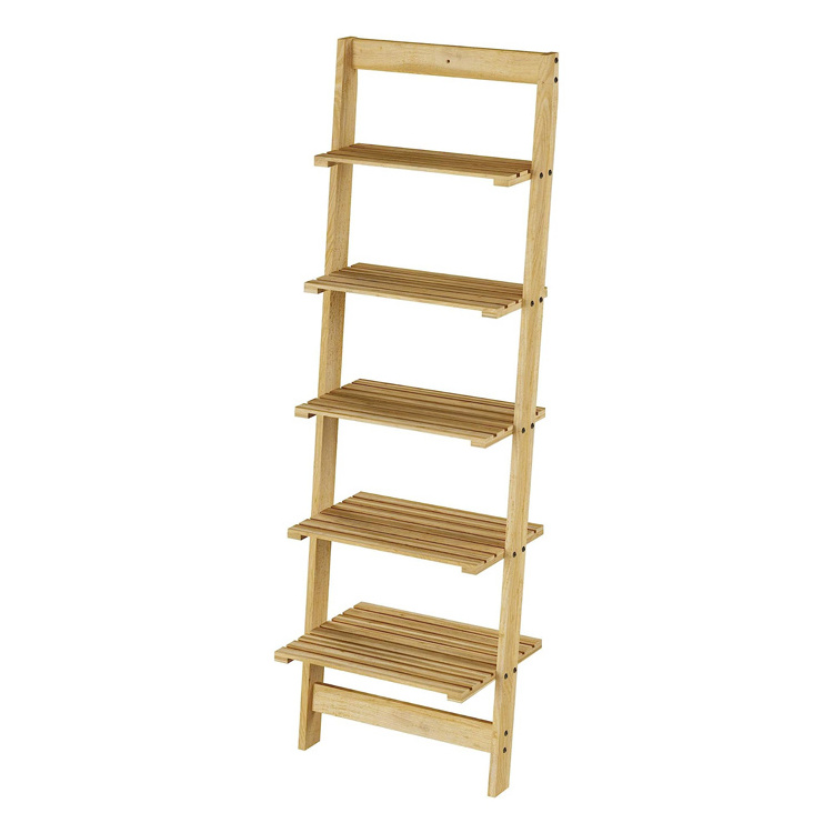 Modern 5 Tier Wooden Ladder Bookshelf For Decoration And Storage