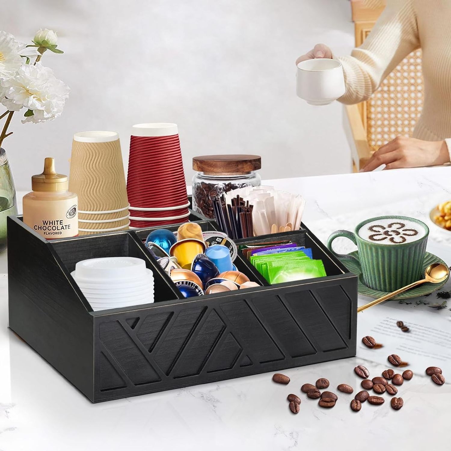 Kitchen Decor Coffee Accessories Farmhouse Wooden Coffee Bar Station Organizer Coffee Pod Holder Wood Caddy Box Storage Basket