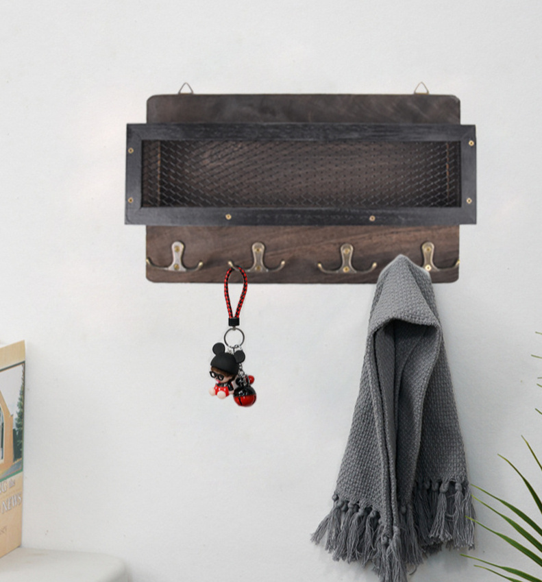 Custom Wooden Key Mail Holder Rack Wall Hanging Shelf with Hooks