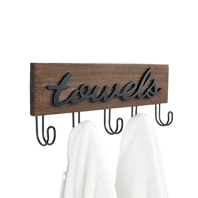 Modern Rustic Wooden Wall Mounted Towel Holder Rack Hanger Storage Organizer For Bathroom Decor