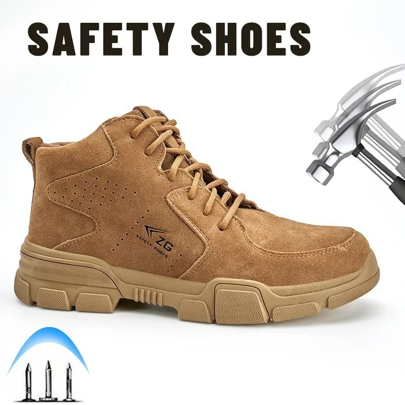 Light Weight Genuine Safety Boot Yellow Cow Suede Leather Rubber Sole Work Boots,Anti-smash Anti-puncture Anti-slip work boots