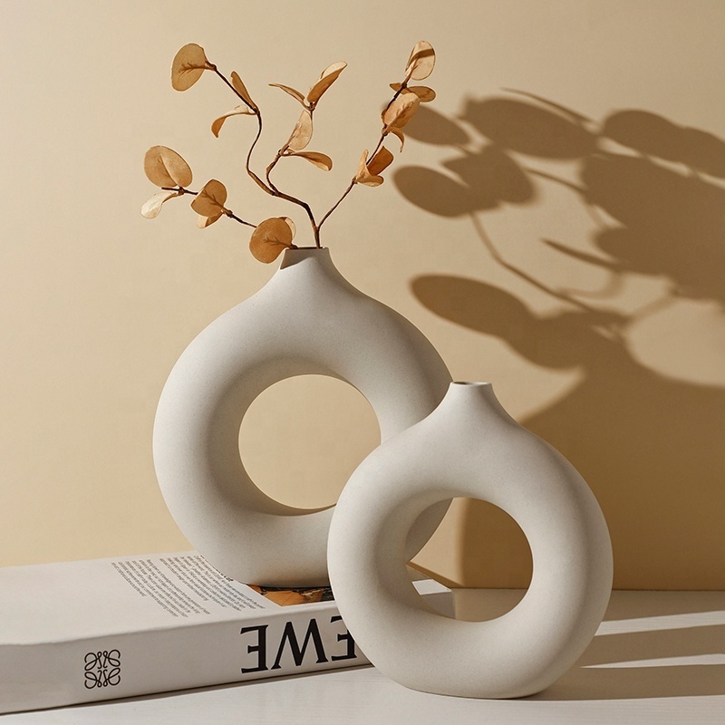 BHM White circle ceramic vase ins decoration living room home accessories creative crafts