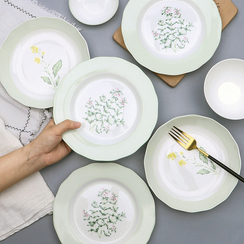 wholesalers ceramic and porcelain plates green plant pattern bone china dinner plate set fish fruit soup dish plate