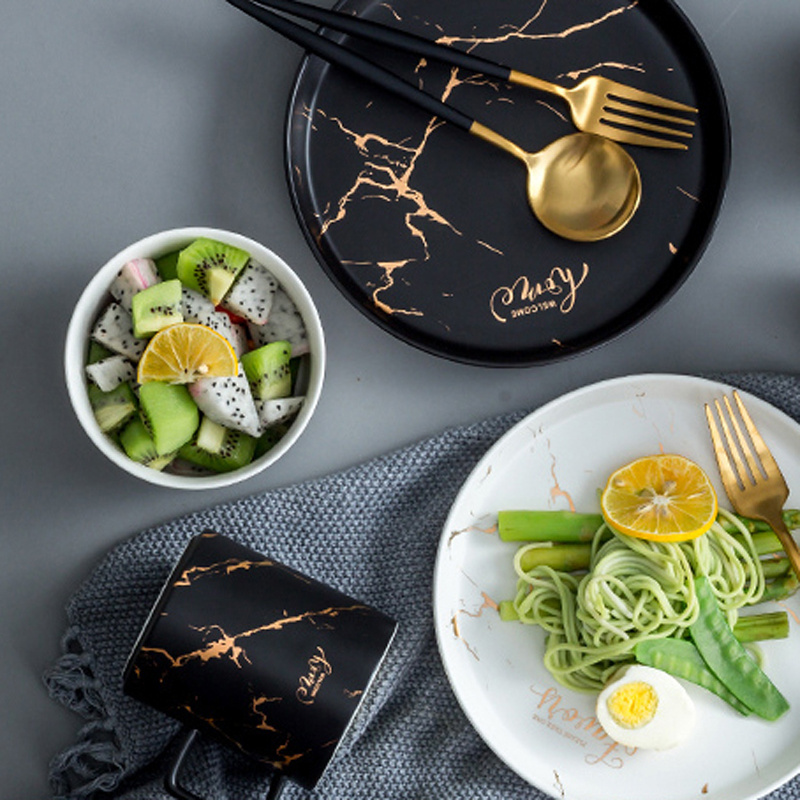 New product popular marble dinnerware black vajilla ceramic dinner set porcelain dinnerware