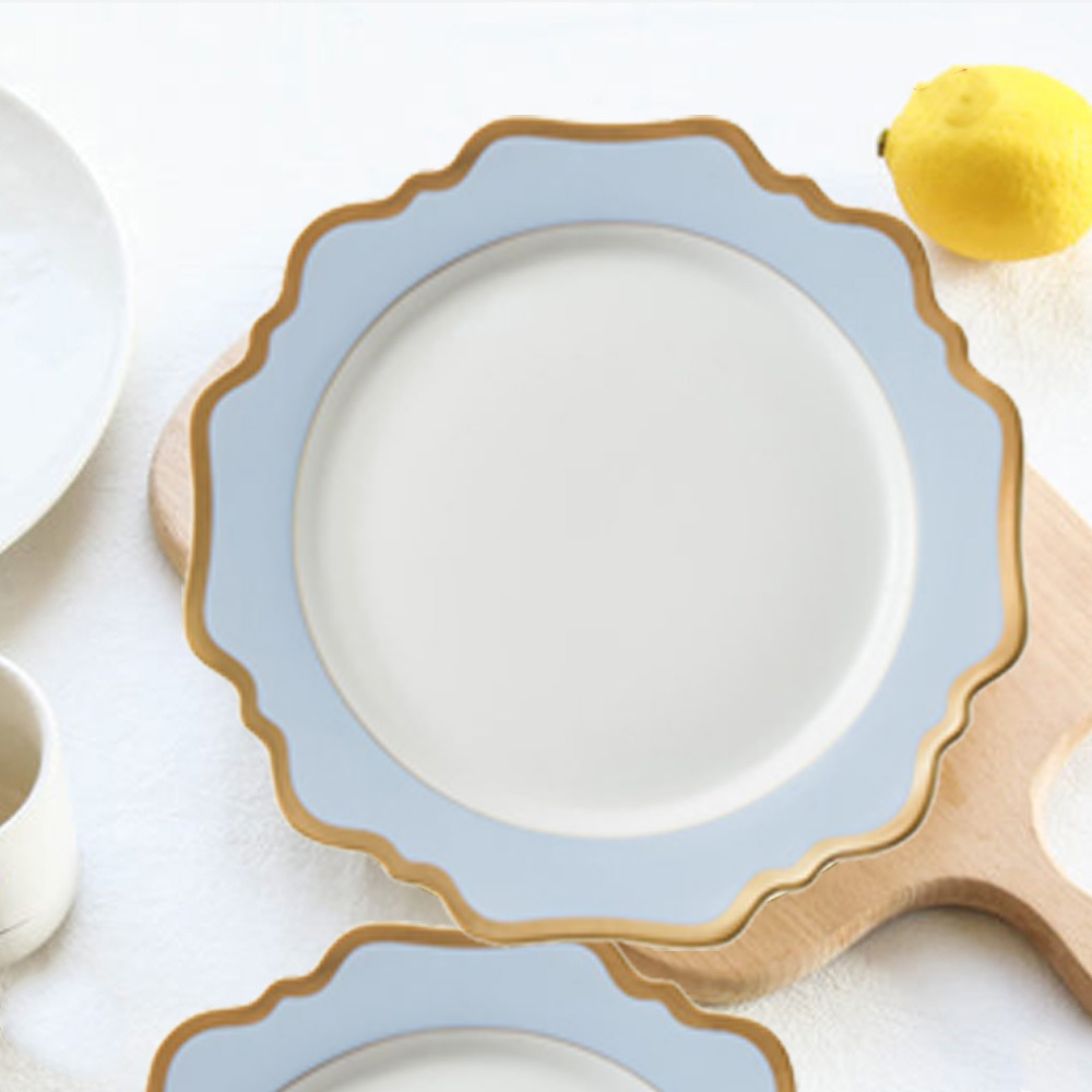 European style ceramic sun flower plate set, sky blue gold edged tableware, Chinese and Western dining plates