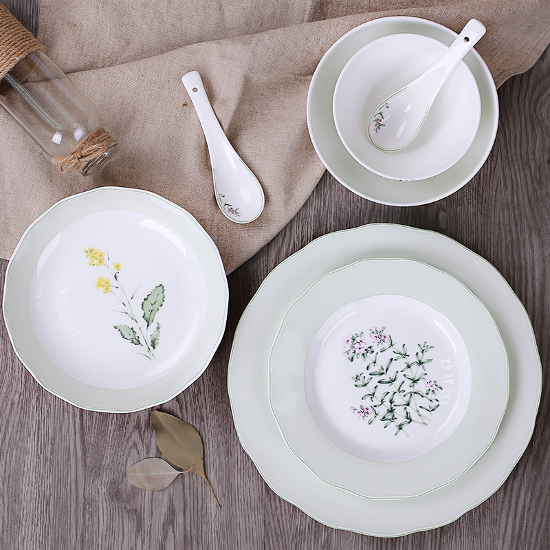 wholesalers ceramic and porcelain plates green plant pattern bone china dinner plate set fish fruit soup dish plate