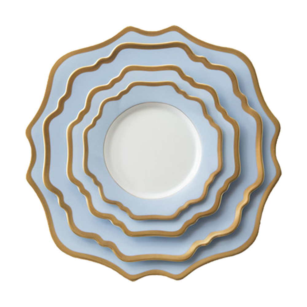 European style ceramic sun flower plate set, sky blue gold edged tableware, Chinese and Western dining plates