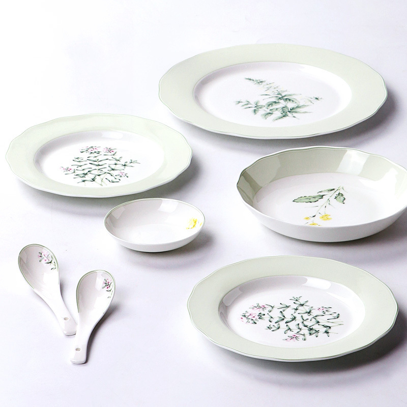 wholesalers ceramic and porcelain plates green plant pattern bone china dinner plate set fish fruit soup dish plate