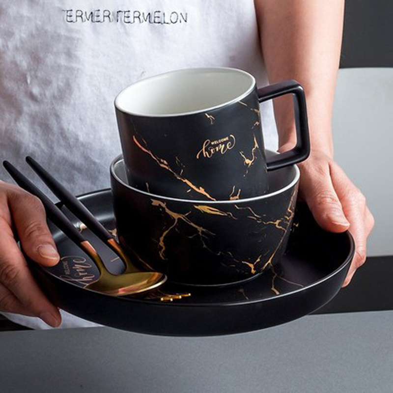 New product popular marble dinnerware black vajilla ceramic dinner set porcelain dinnerware