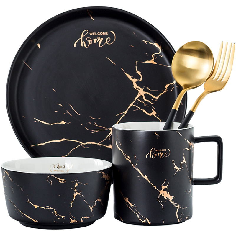 New product popular marble dinnerware black vajilla ceramic dinner set porcelain dinnerware