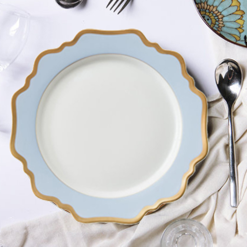 European style ceramic sun flower plate set, sky blue gold edged tableware, Chinese and Western dining plates