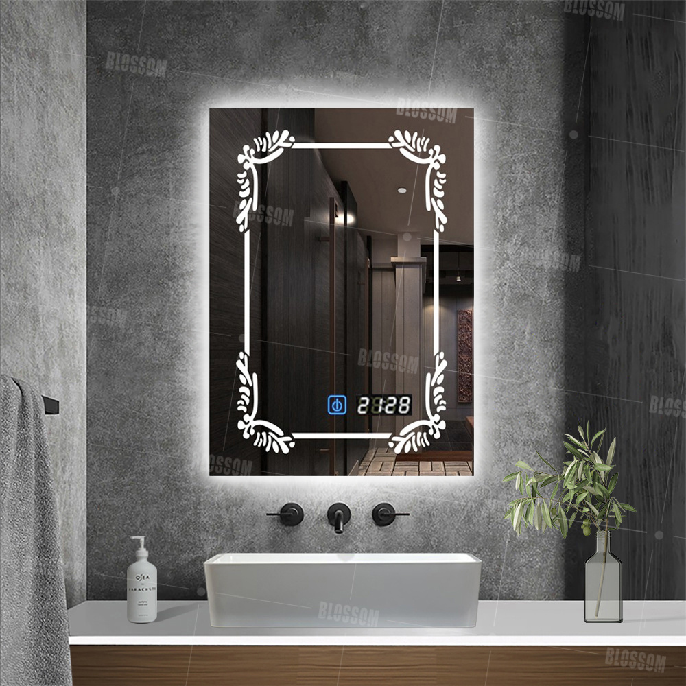 Beautiful Silver LED Smart Bathroom Mirror with Time and Back Lights Illuminated Wall Decor Mirrors for Bathrooms