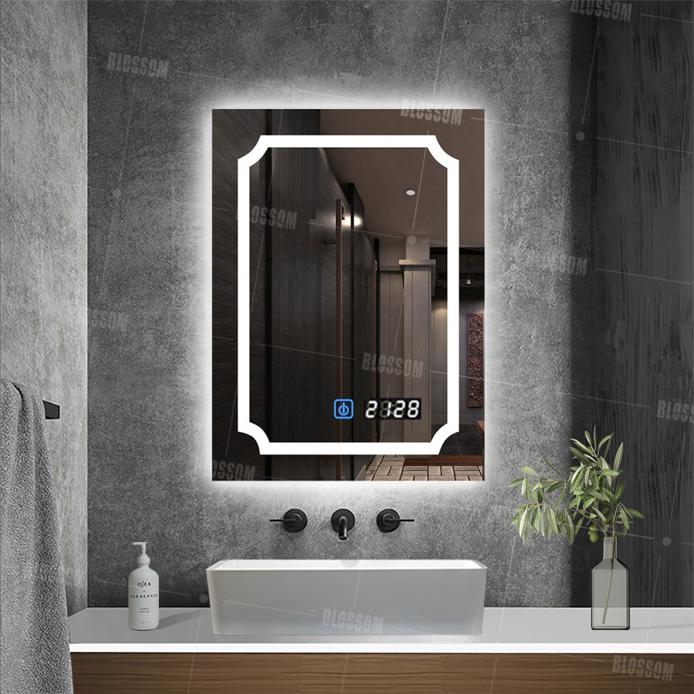 Beautiful Silver LED Smart Bathroom Mirror with Time and Back Lights Illuminated Wall Decor Mirrors for Bathrooms