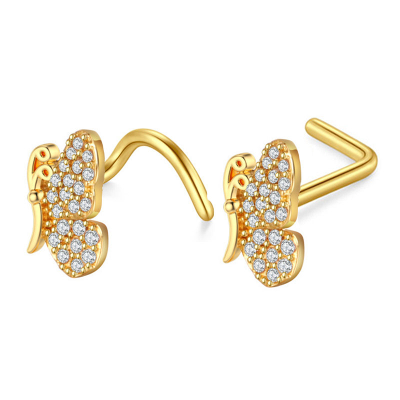 L and S Shaped CZ Stone Piercing Nose Pins Inlaid Zircon Crystal Nose Stud Shiny Gold Plated Stainless Steel Nose Rings Stud