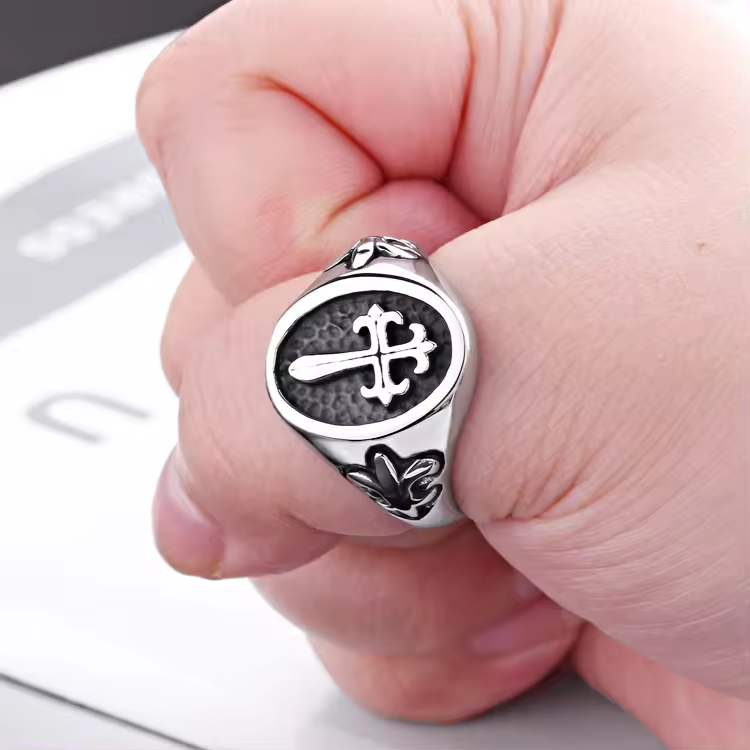 Wholesale Mens Jewelry Stainless Steel Medieval Cross Fleur de Lis Ring