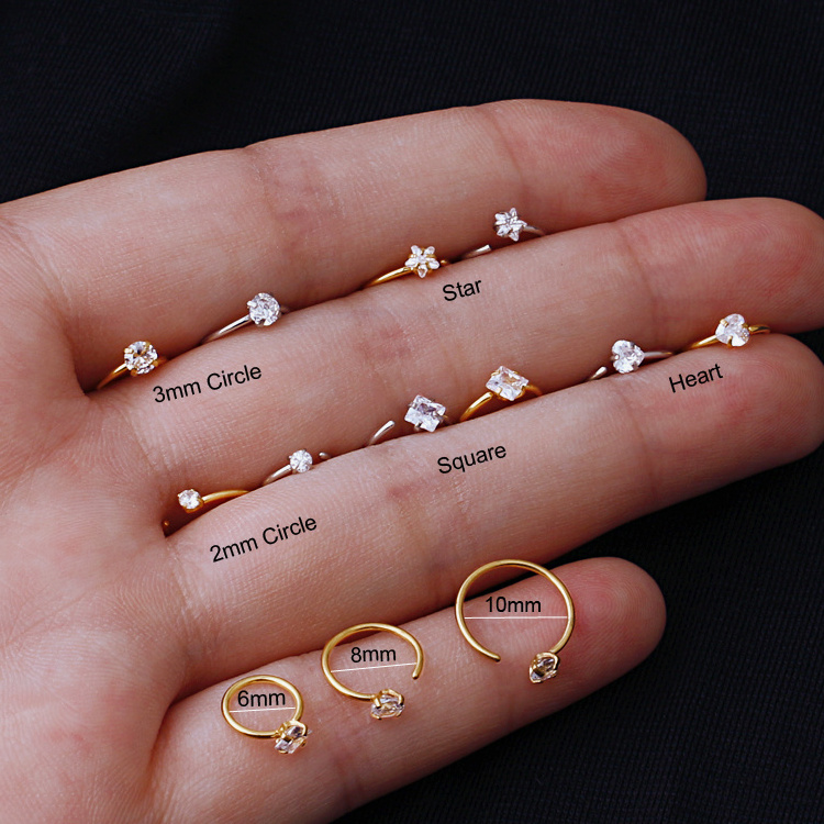 New Arrival surgical clear cubic zircon open hoop nose piercing stainless steel heart star round faux nose ring body jewelry