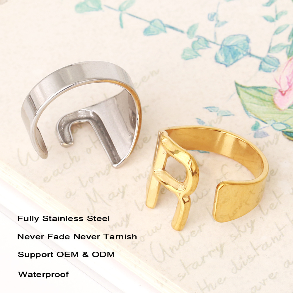 Tarnish Free Designer Chunky Alphabet A-Z Letter Ring Minimalist 18K Gold Stainless Steel Initial Finger Rings For Women