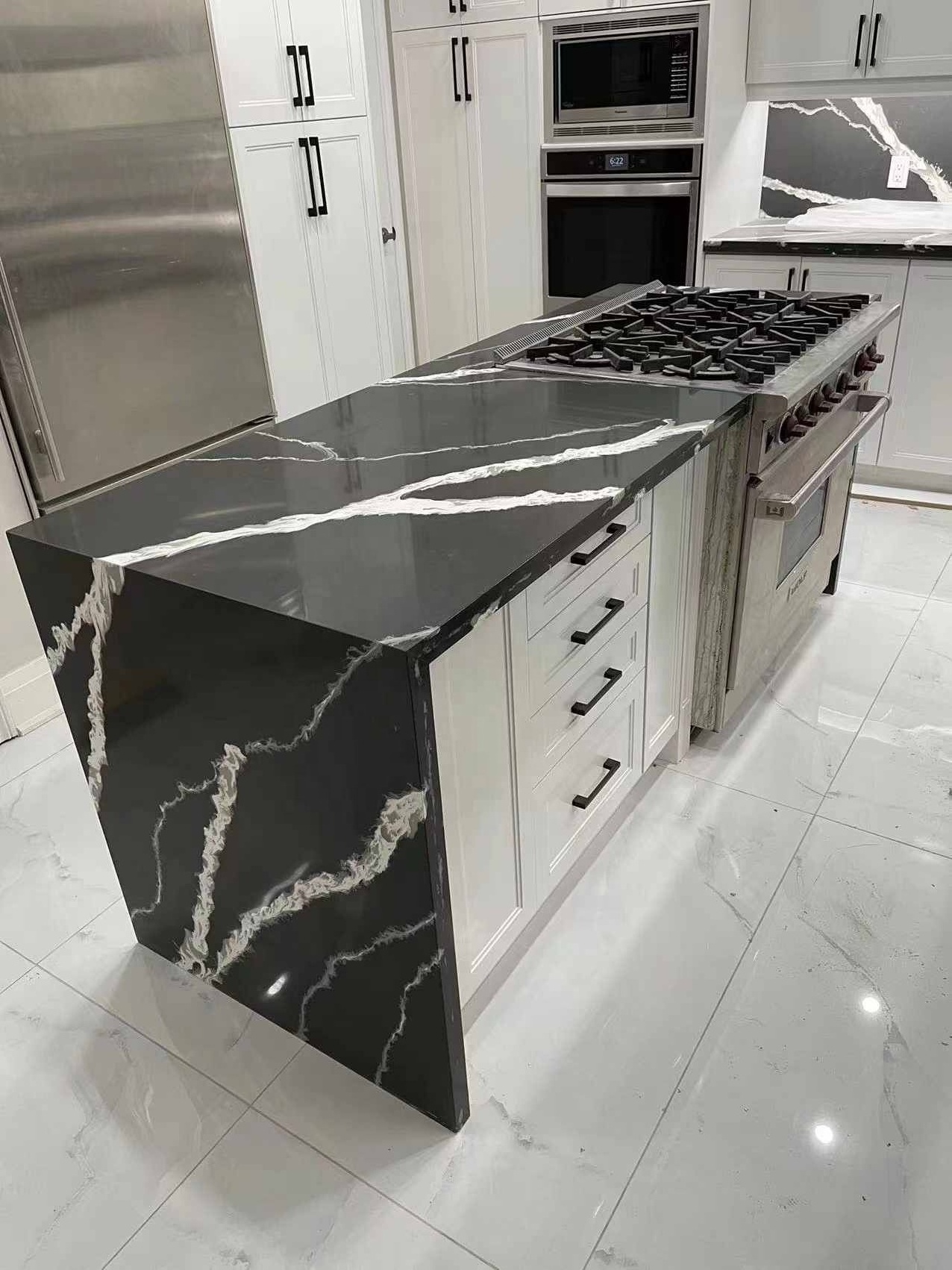 Artificial Kitchen Worktops Nero Vanity Top with White Veins Black Quartz Countertop