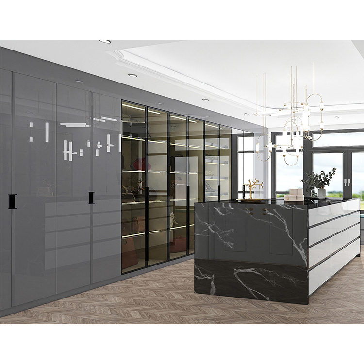 Custom modern walk in closets system home hotel bedroom aluminum glass mirror door mdf wooden wardrobe clothes closet design