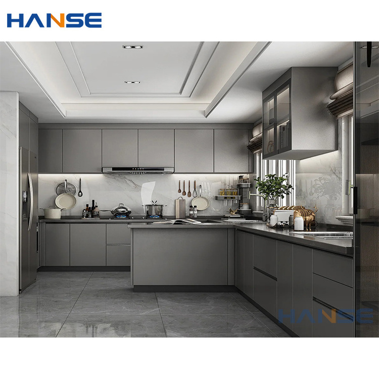 Modern matt gray color kitchen cupboard design customized light grey matte lacquer wood kitchen cabinet with led sensor light