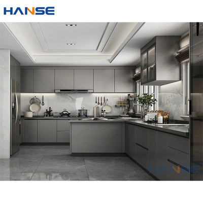 Modern matt gray color kitchen cupboard design customized light grey matte lacquer wood kitchen cabinet with led sensor light