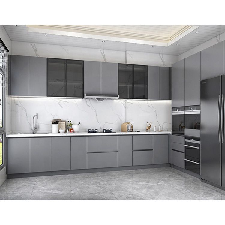 Modern matt gray color kitchen cupboard design customized light grey matte lacquer wood kitchen cabinet with led sensor light