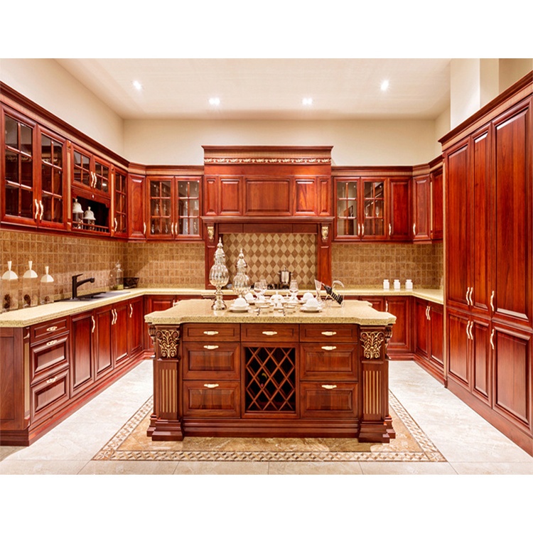 Luxury classic wooden cupboard cabinet set furniture designs custom red cherry color all natural solid wood kitchen cabinets