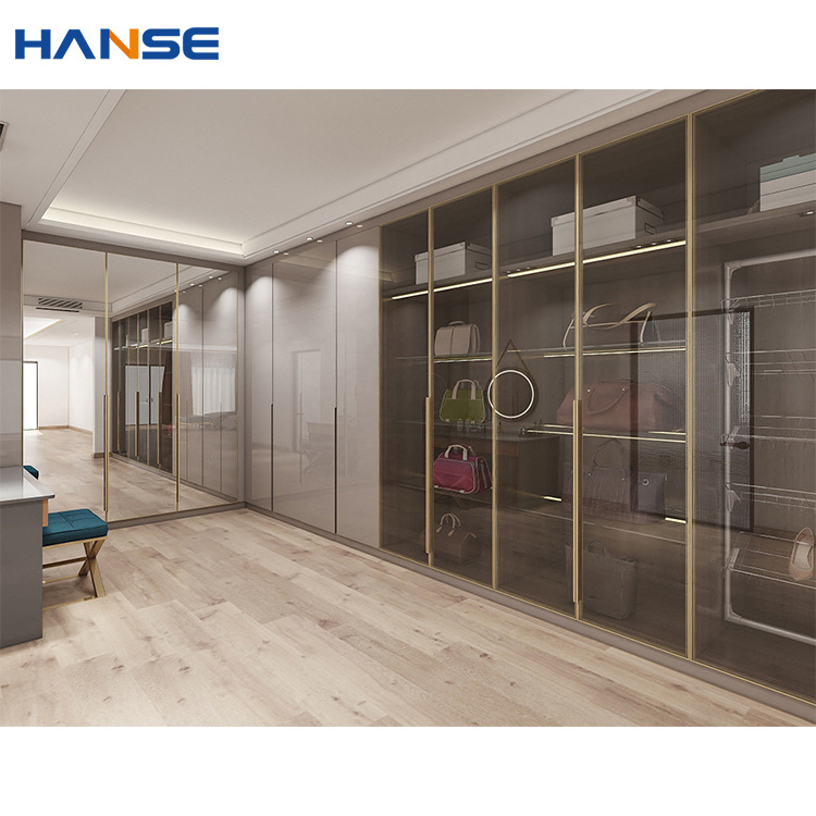 Custom modern walk in closets system home hotel bedroom aluminum glass mirror door mdf wooden wardrobe clothes closet design