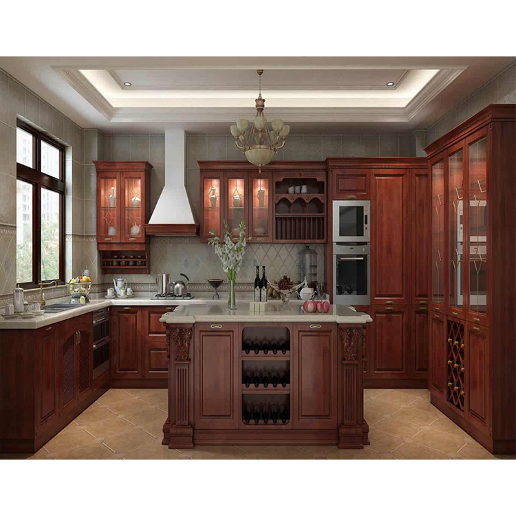 Luxury classic wooden cupboard cabinet set furniture designs custom red cherry color all natural solid wood kitchen cabinets