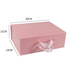 Custom Ribbon Handle Pink Cardboard Box Luxury Rigid Paper Packaging for Mother's Day Wedding Gifts Magnetic Folding Design