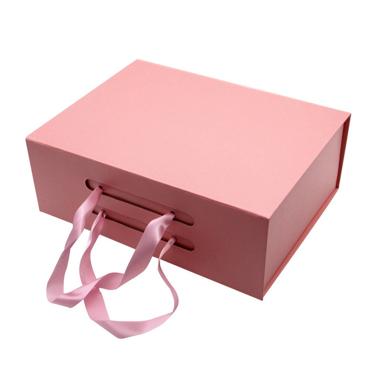 Custom Ribbon Handle Pink Cardboard Box Luxury Rigid Paper Packaging for Mother's Day Wedding Gifts Magnetic Folding Design