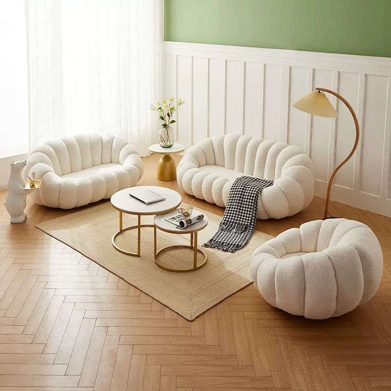 Aesthetic Cream White Lazy Pumpkin Sofa Shaped Boucle Swivel Lounge Chair With Footstool