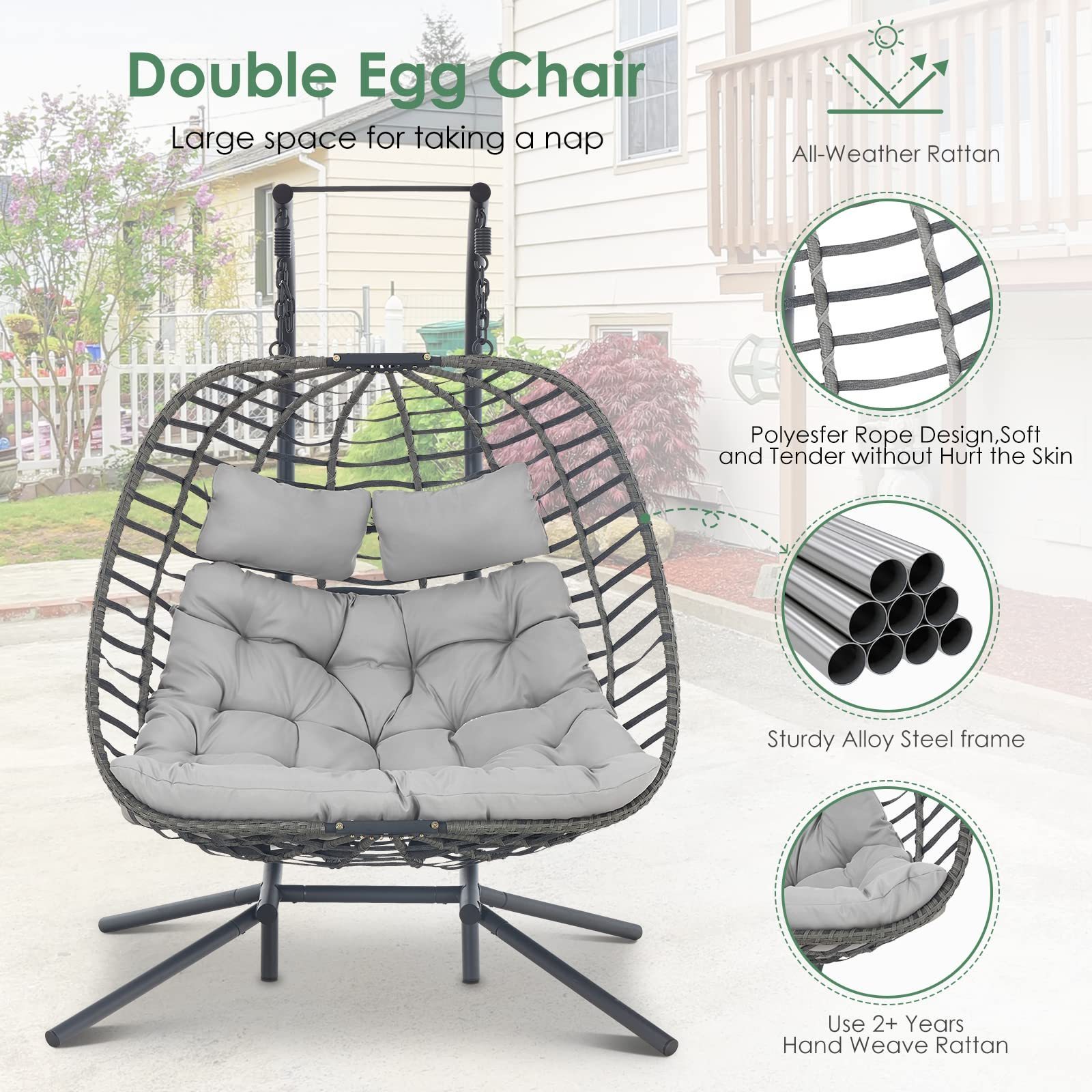 2 Person Hanging Egg Chair with Stand for Outdoor  Patio Hand Made Rattan Wicker Double Egg Swing Chairs