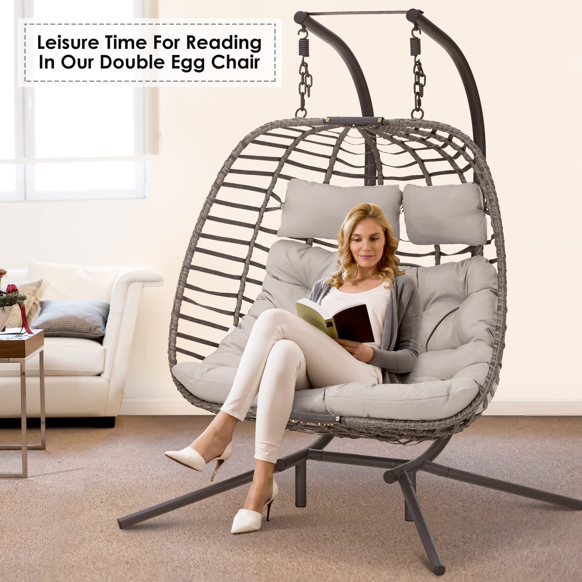 2 Person Hanging Egg Chair with Stand for Outdoor  Patio Hand Made Rattan Wicker Double Egg Swing Chairs